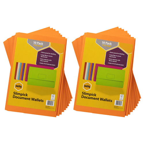 20pc Marbig Brights Slimpick Foolscap Document Wallet - Orange
