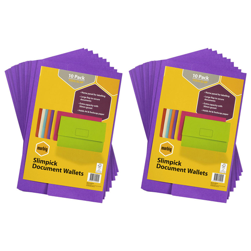 20pc Marbig Brights Slimpick Foolscap Document Wallet - Purple