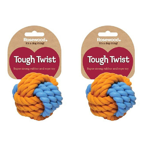 2PK Rosewood Tough Twist Rubber & Rope Ball Pet Dog Fetch Play Toy Medium Assorted
