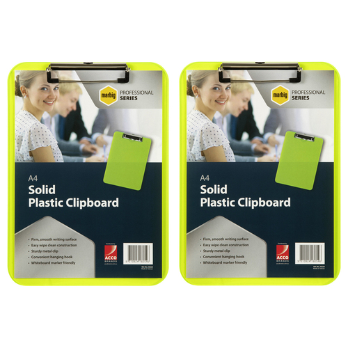 2PK Marbig Pro Plastic A4 Clipboard w/ Metal Clip - Neon Green