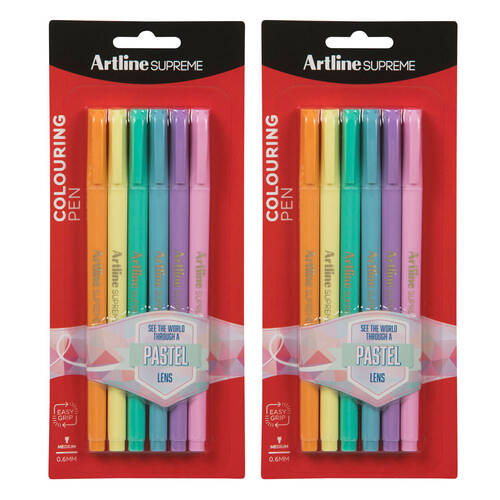 2x 6pc Artline Supreme 0.6mm Fine Pens - Assorted Pastel Colours