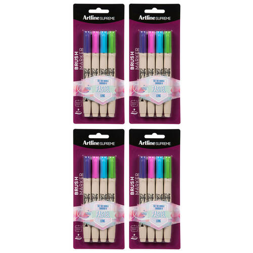 4x 4pc Artline Supreme Brush Markers - Assorted Pastel Colours