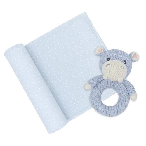 Living Textiles Jersey Swaddle & Rattle Blue Dots/Hippo