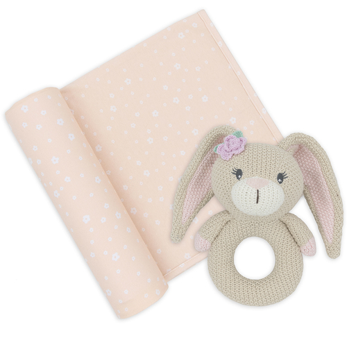 Living Textiles Jersey Swaddle & Rattle Floral/Bunny
