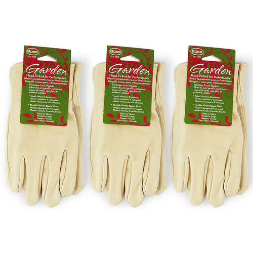 3PK Boss Women's Large Leather Gardening Gloves - Cream