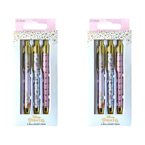 2x 3PK Disney Princess Ballpoint Metal Pen Set Kids 3y+