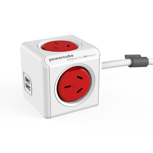 Powercube 4 Socket Mountable Power Board 3m w/Dual USB - Red