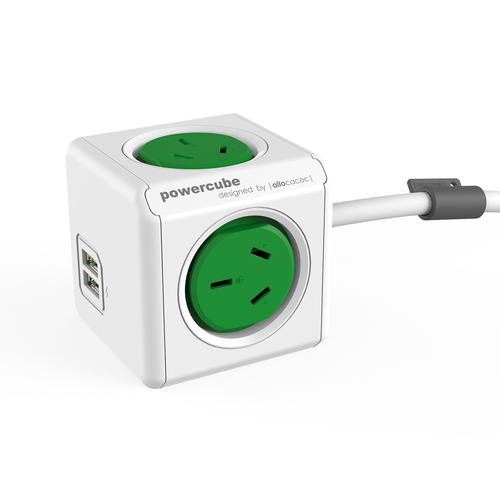 Powercube 4 Socket Mountable Power Board 3m w/Dual USB - Green