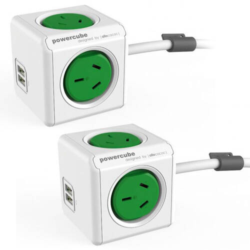 2PK Powercube 4 Socket Mountable Power Board 3m w/Dual USB - Green