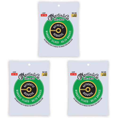 3PK Martin Guitar MA140S Authentic Acoustic Silked Strings 80/20 Bronze Light