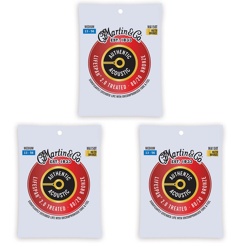 3PK Martin Guitar MA150T Authentic Acoustic String Treated 80/20 Bronze Medium