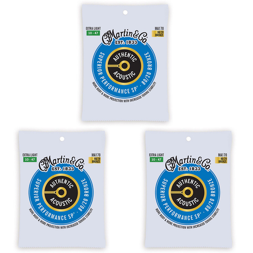 3PK Martin Guitar MA170 Authentic Acoustic Strings 80/20 Bronze Extra Light