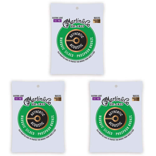 3PK Martin Guitar MA535S Authentic Silked Strings 92/8 Phosphor Custom Light