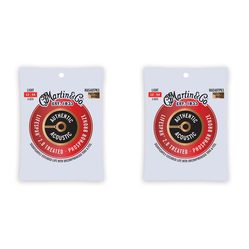 2x 3PK Martin Guitar MA540TPK3 Authentic Treated Strings 92/8 Phosphor Light