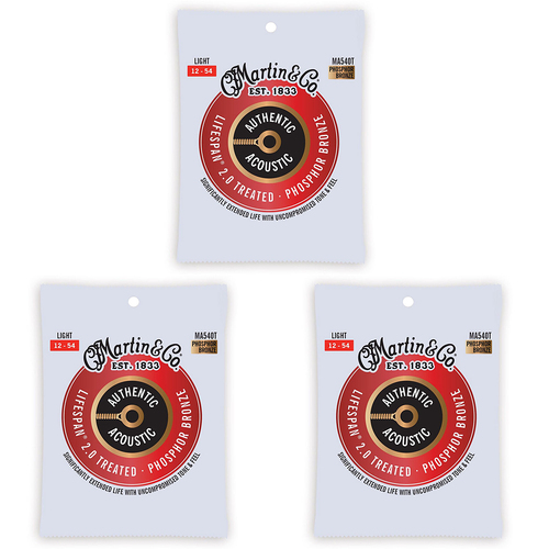 3PK Martin Guitar MA540T Authentic Treated Strings 92/8 Phosphor Bronze Light