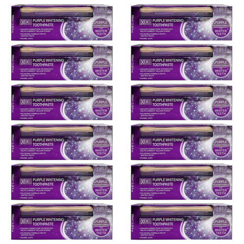 12PK XOC Purple Whitening Toothpaste w/ Bamboo Toothbrush Set For Whiter Teeth 100ml