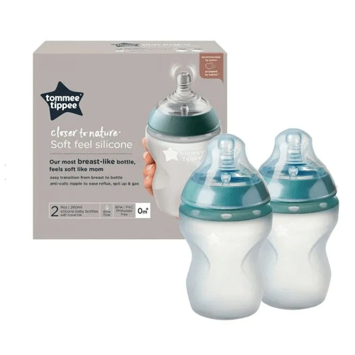 2pc Tommee Tippee 260ml Silicone Baby Bottles w/Travel Lids 0m+