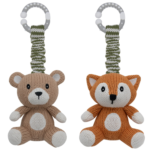 2PK Living Textiles 25cm Cotton Knit Bear & Fox Stroller Toy