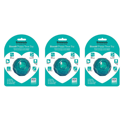 3PK Rosewood BioSafe Puppy Treat Ball Pet Dog Dental Chew Bite Fun Play Toy Blue