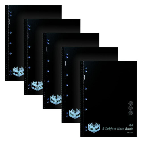 5pc Spirax P596 PP 5 Subject A4 Notebook 250-Pages Black