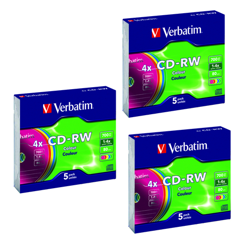 15pc Verbatim CD-RW 700MB 2x-4x Speed Blank Disc w/ Colour Slim Case