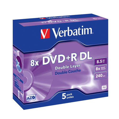 5PK Verbatim DVD+R DL 8.5GB 8x Speed Blank Discs w/ Jewel Case