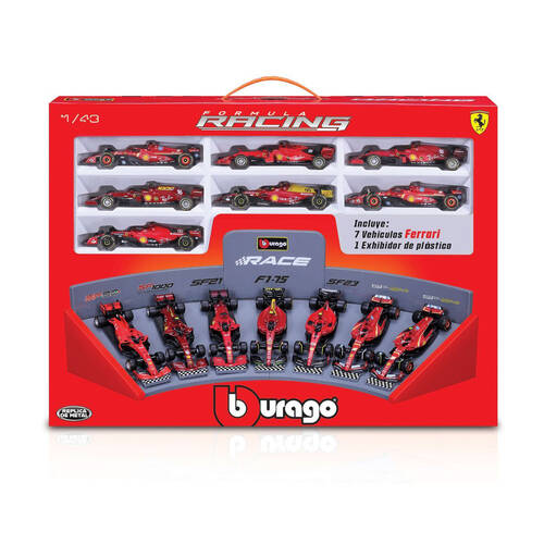 7pc Bburago Ferrari - Collection & Display Stand Formula 1 Car Toy 1:43