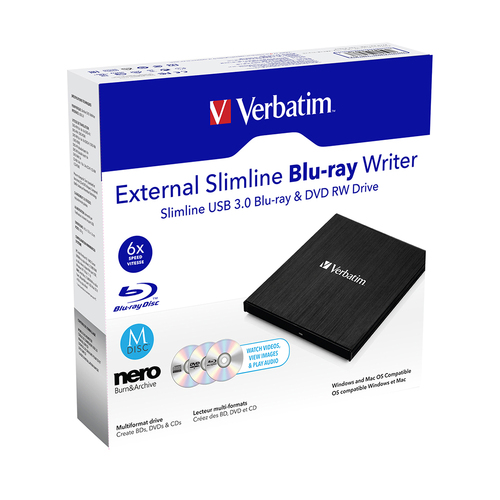 Verbatim Slimline External USB 3.0 Blu-Ray & DVD RW Writer - Black