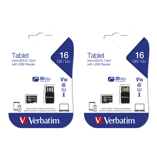 2x Verbatim 16GB U1 Micro SDHC Card w/ USB Reader For Tablet