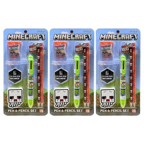 3x 5pc Minecraft 6-Coloured Pen & Pencil Stationery Set Kids 3y+