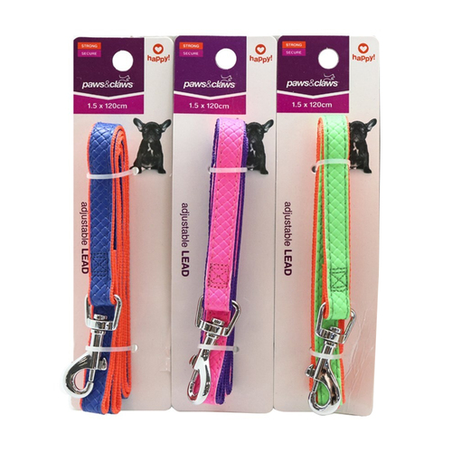 3PK Paws & Claws 120cm Colourful P.U & Nylon Leash - Assorted