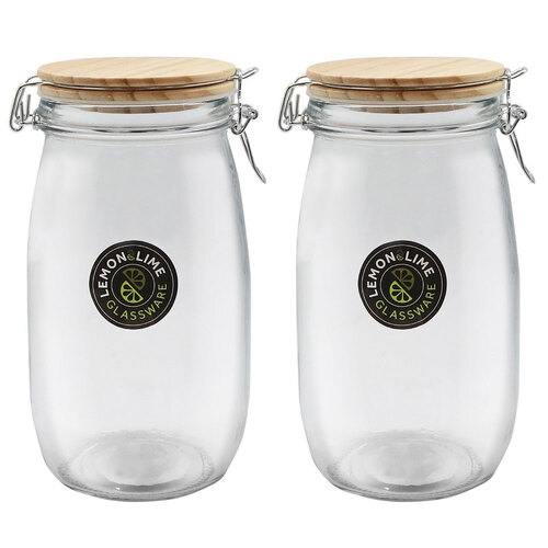 2PK Lemon and Lime 1.5L/21.5cm Glass Clip Jar w/ Wooden Lid - Clear