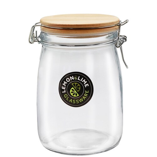 Lemon and Lime 1L/16.5cm Glass Clip Jar w/ Wooden Lid - Clear