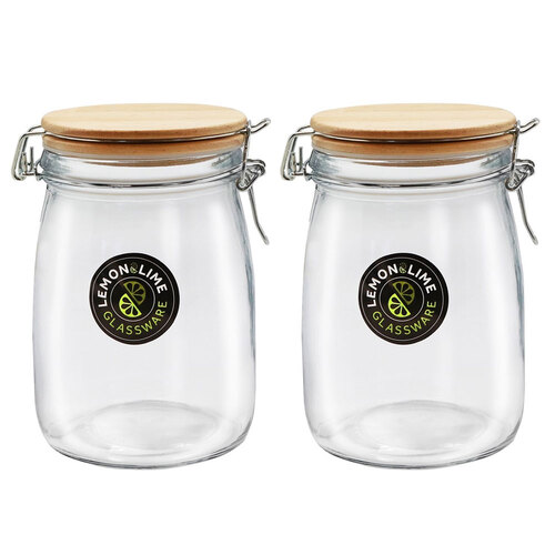 2PK Lemon and Lime 1L/16.5cm Glass Clip Jar w/ Wooden Lid - Clear