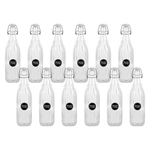 12PK Lemon & Lime Secure Glass Air-Tight Clip Lid Ribbed Bottle 1L