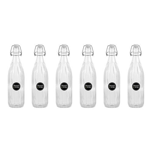 6PK Lemon & Lime Secure Glass Air-Tight Clip Lid Ribbed Bottle 1L