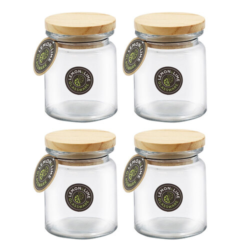 4PK Lemon & Lime Glass Jar With Wooden Lid 250Ml 10.5cm X 8.5cm