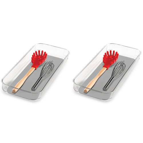 2PK Madesmart Clear Soft Grip Bin Kitchen Drawer Organiser Rect 40x17.5cm Grey