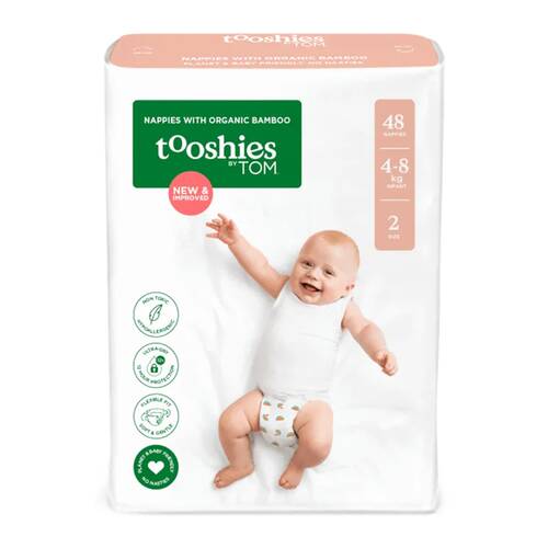 48pc Tooshies Organic Bamboo Infant Unisex Nappies Diapers 4-8kg Size 2