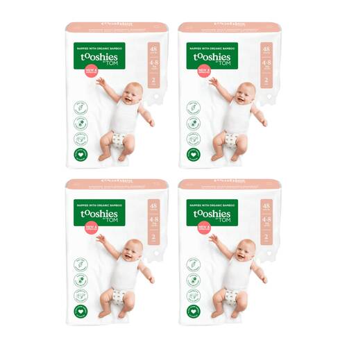 4PK 48pc Tooshies Organic Bamboo Infant Unisex Nappies Diapers 4-8kg Size 2