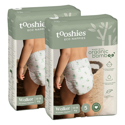 2x 32pc Tooshies Organic Bamboo Unisex Walker Nappies 13-18kg Size 5