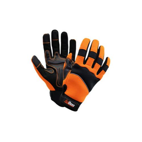 AgBoss Premium Flexible Work Glove W/ Wrist Strap Black and Orange Medium