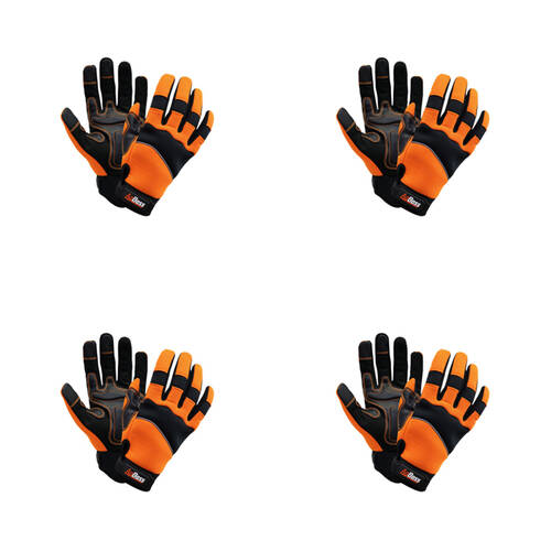 4PK AgBoss Premium Flexible Work Glove W/ Wrist Strap Black and Orange Large