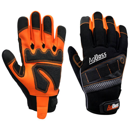 AgBoss Premium Leather Rigger Work Glove Black and Orange Medium