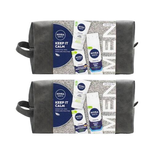 2x 3PK Nivea Men Sensitive Skincare Gift Bag w/Face Wash Moisturiser Shaving Gel