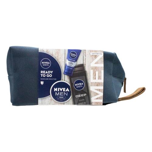 3PK Nivea Mens Ready to Go Skincare Gift Bag w/Shower Gel Face Scrub Creme