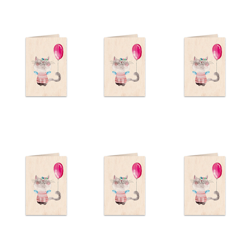 6PK Cozywood Wooden Greeting Card 11x16cm - Pussycat and the Balloon