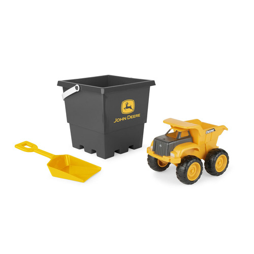 John Deere 15cm Sand Pit Bucket Set: Yellow Dump Truck w/Black Square Bucket & Yellow Shovel 18M+