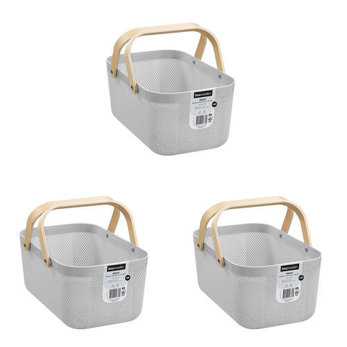 3PK Boxsweden Mesh Plastic Basket Wood Handle Large 40x24.5x18cm Assorted