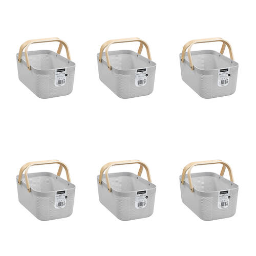 6PK Boxsweden Mesh Plastic Basket Wood Handle Large 40x24.5x18cm Assorted